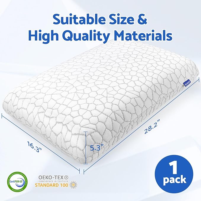 Memory Foam Pillows for Sleeping, Cooling Pillow with Removable and Machine Washable Cover, Bed Pillow for Side, Back and Stomach Sleepers, Queen Size (1 Pack)