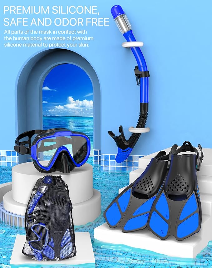 Snorkeling Gear for Adults Men Women,4 in 1 Snorkel Set with Panoramic View Diving Mask Anti-Fog Anti-Leak,Dry Top Snorkel,Fins and Travel Bag for Swimming,Snorkeling and Travel Diving