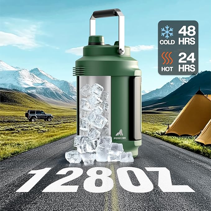 1 Gallon Insulated Water Bottle for Sports: 2-in-1 Straw Spout Lid, Dual Handle, Leakproof, Keep Cold 48H, 128oz Stainless Steel Water Jug for Outdoors, Hiking, Cycling, Camping, Fishing (Forest)