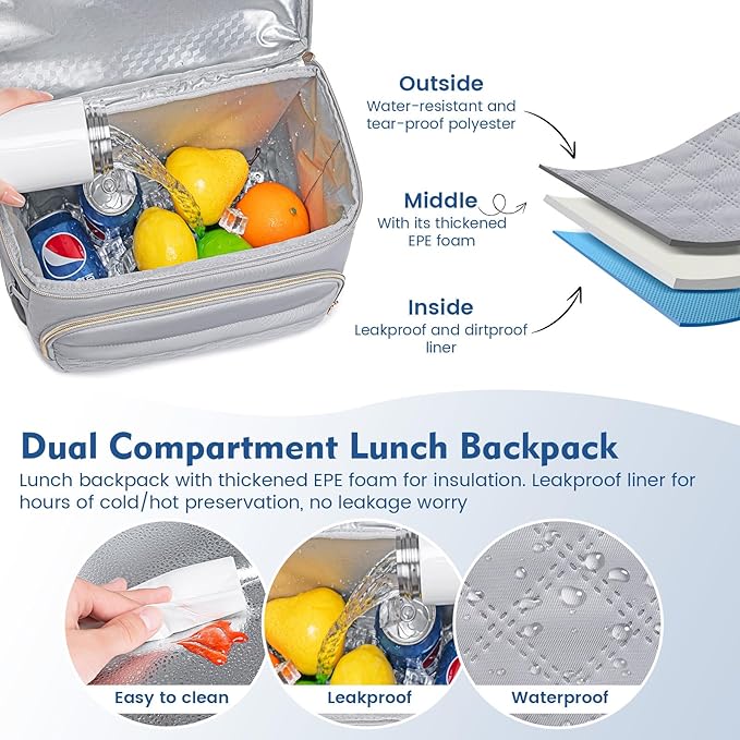Backpack Cooler Lunch Backpack Double Decker Lunch Box,Insulated Backpack Lunch Cooler Bag, Lightweight Leakproof Lunchbox Backpack for Women Men to Travel,Picnic,Hiking,Beach,Camping