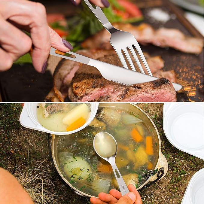 OUTXE Titanium Flatware Polished Knife Fork Spoon Set Lightweight Ti Camping Utility Cutlery Set with Carrying Bag for Traveling Picnic Hiking