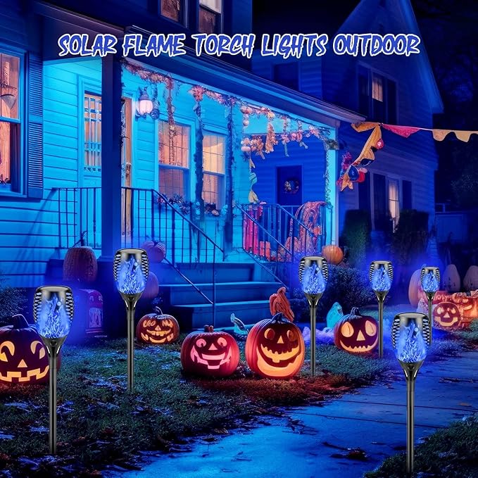 Upgraded Larger Solar Lights Outdoor, 6 Pack Flickering Flame Solar Torch Lights with Super Larger Size for Halloween Decor, Waterproof Solar Powered Outdoor Halloween Light for Yard Pathway (Blue)