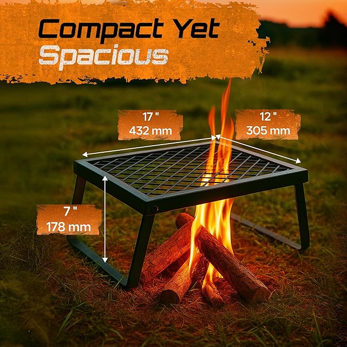 Folding Campfire Grill – Portable Over-Fire Grill with Food-Safe Coating, Heavy Duty Steel, Compact with Folding Legs - Camping, RV, Overlanding, Fire Pits