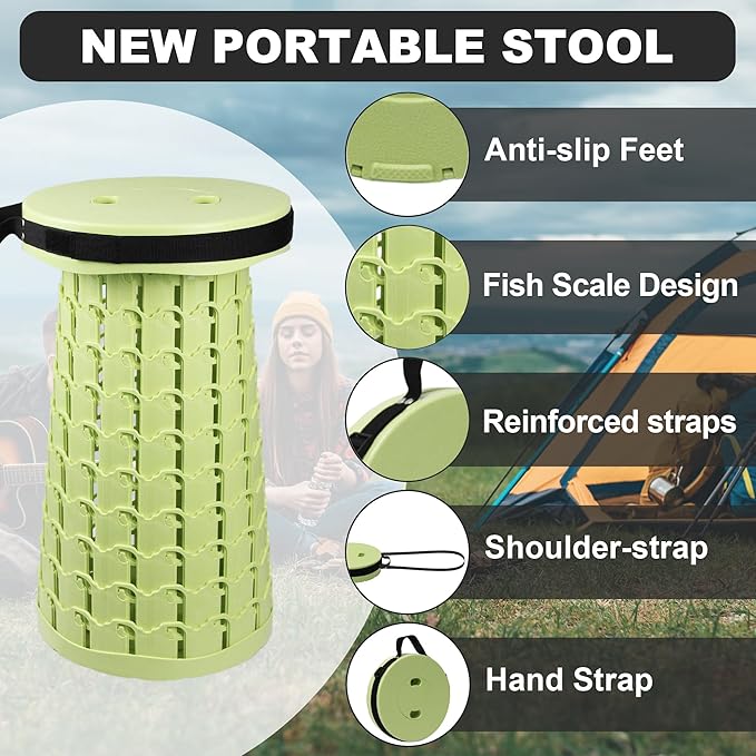 ALEVMOOM Upgraded Collapsible Stool with Thickened Cushion 18.1",600Lbs Max Weight Wider & Taller Pop Up Stool, Heavy Duty Portable Retractable Folding Chair or Travel Foot Rest for Camping & Outdoors