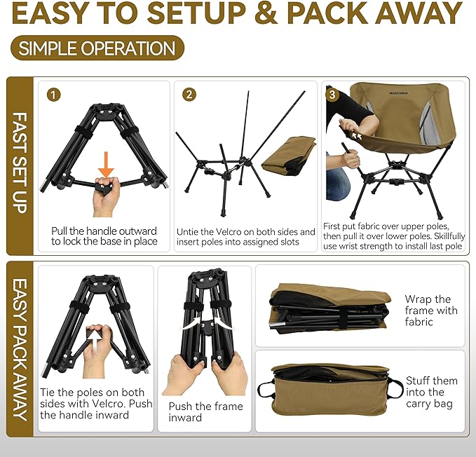 MARCHWAY Lightweight Folding Camping Chair, Portable Foldable Compact for Outdoor Camp, Travel, Beach, Picnic, Festival, Hiking, Backpacking, Supports 330Lbs (Khaki)