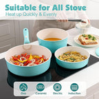 SENSARTE 17 Piece Ceramic Pots and Pans Set, Nonstick Detachable Handle Cookware, Induction Kitchen Cookware Set with Removable Handle, Dishwasher ＆ Oven Safe (Turquoise)