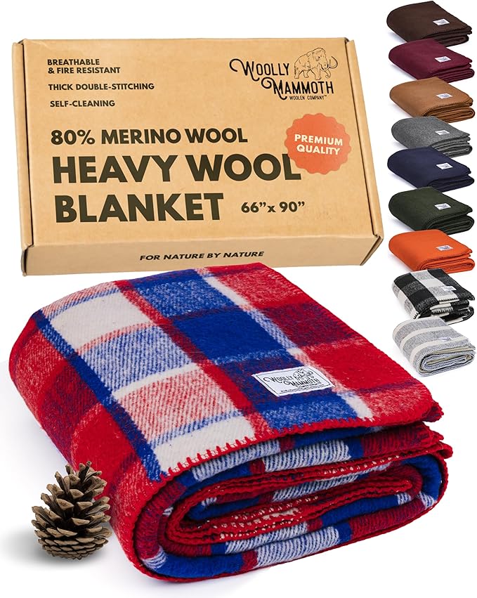 Woolly Mammoth Woolen Company Camping Blanket - 66 x 90 in, Red/White & Blue Plaid - Merino Heavyweight Wool Outdoor Throw Blanket - Backpacking Essential for Cold Weather Camping