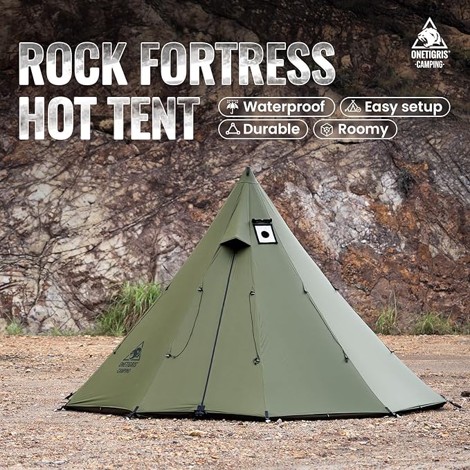 OneTigris Rock Fortress Hot Tent with Stove Jack, 4 Season, 4-6 Person Tipi for Camping, Backpacking, Hunting, Fishing - Waterproof, Wind-Proof