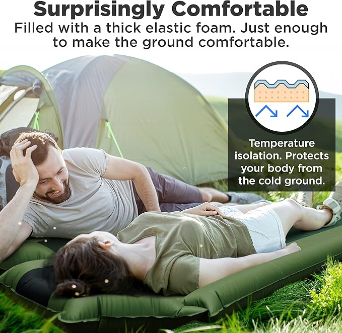 Camping Pad with Armrest & Pillow - Self-Inflating Air Mattress - Rollover Protection - Ultra-Comfortable Mat - Lightweight for Tent, Cot, Backpacking(L/XL)