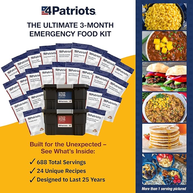 4Patriots 3-Month Survival Food Kit: Emergency Food Supply Designed to Last 25 Years, 688 Servings