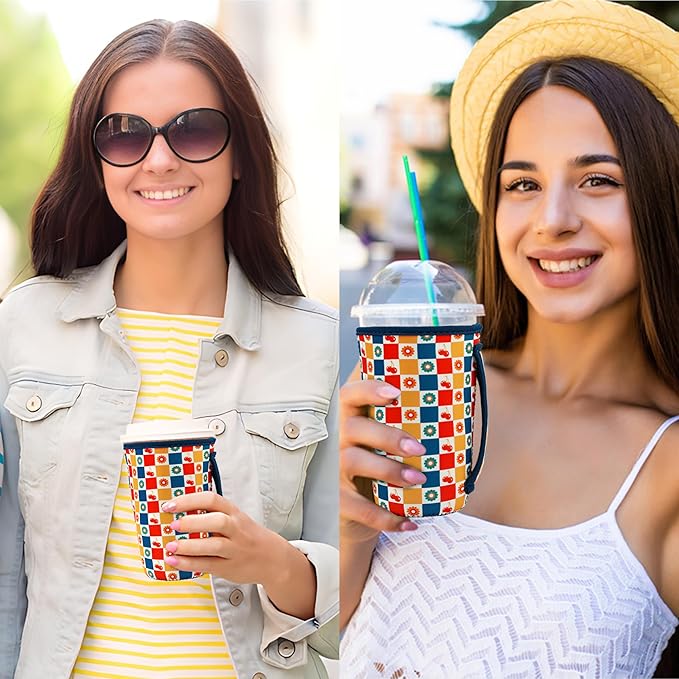 KJQJLY 3 Pack Reusable Iced Coffee Sleeves for Iced Coffee Cups or Drinks Reusable Neoprene Insulated Sleeves for Hot and Cold Drinks from Starbucks, Dunkin, And More (check)
