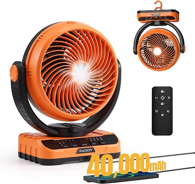 Raddy CF5 Oscillating Camping Fan with Remote, 40,000mAh Rechargeable Battery, Quiet Portable Fan with LED Light, USB-C, 5 Speeds, Hanging Hook for Tent, RV, Outdoor & Emergency Use
