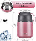 Insulated Food Jar for Hot & Cold Food for Kids Adult,17 oz Soup Thermo Hot Food Containers for Lunch, Triple Layer Insulation Stainless Steel Food Jar with Spoon (Pink)