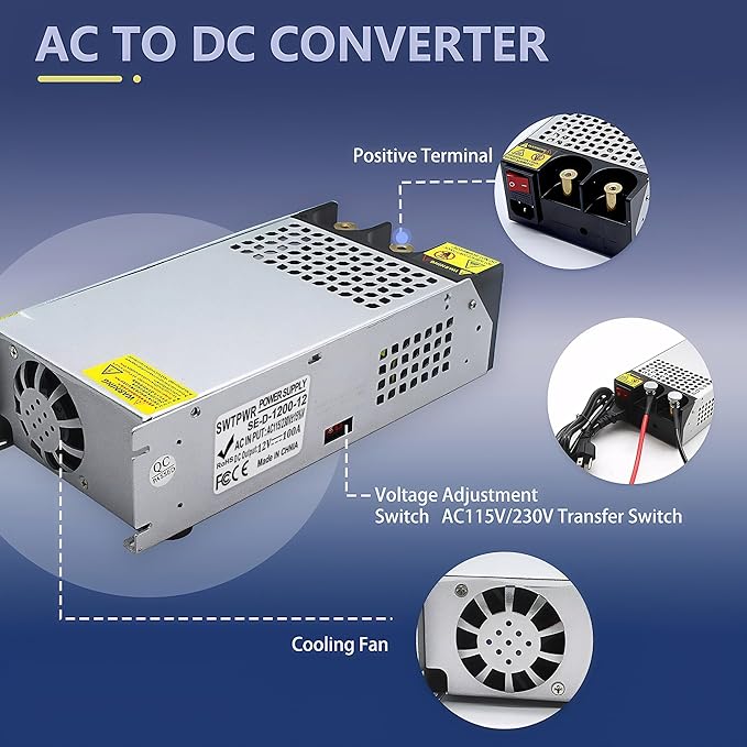 1200W Power Supply 110V AC to 12V DC Converter, 100A High Power SMPS Adapter, DC 12 Volt Switching Transformer with Intelligent Cooling for Motor, Winch, 3D Printer, Air Compressor, Pump