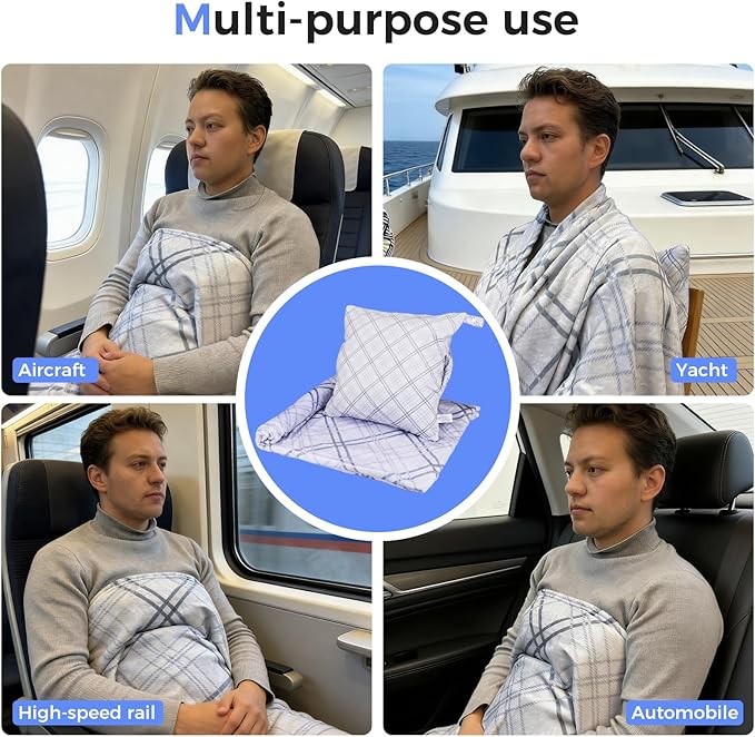 3 in 1 Travel Pillow Blanket Set with Removable Flannel Blanket Throw,Hand Warmer Pockets,Pillow (Color5, 60in*79in)