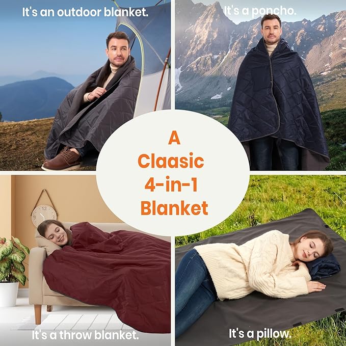4-in-1 Large Outdoor Blanket - Waterproof & Windproof Thickened Warm Fleece Camping Blanket for Stadium, Hiking, Sporting Events - 81"x57", Packable (Antique Ruby)