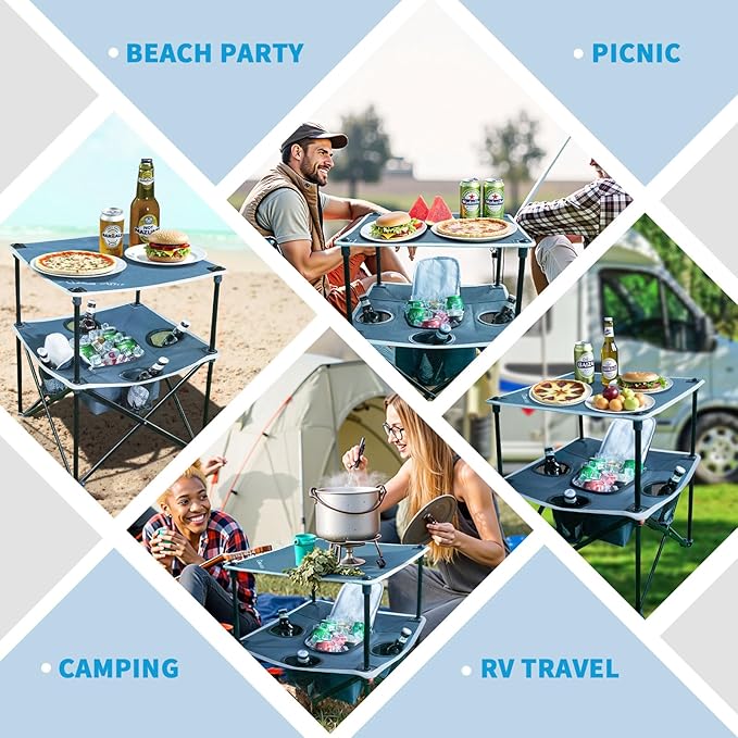 Folding Beach Table, Camping Table for Sand with Insulated Cooler Storage & 4 Cup Holders, Portable Pop Up Picnic Table, Lightweight Side Table for Outdoor
