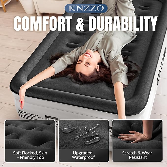 Twin Air Mattress with Built-in Pump, 18" Top Inflatable Mattress with Waterproof Flocking Fabric, Three-Minute Quick-Inflatable Bed. Portable Blow Up Mattress for Home, Outdoor and Guests