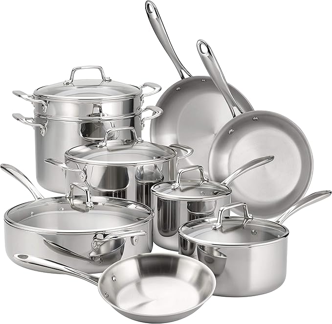 Tramontina Tri-Ply Clad Stainless Steel 14-Piece Cookware Set with Glass Lids, Pots and Pans Kitchen Set, Induction-Ready, Dishwasher-Safe, Made in Brazil