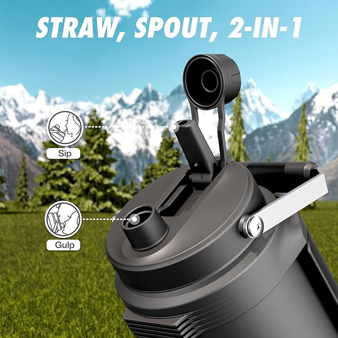 64 oz Insulated Water Bottle for Gym: 2-in-1 Straw Spout Lid, Dual Handle, Leakproof, Keep Cold 36H, Half Gallon Stainless Steel Water Jug for Travel, Hiking, Cycling, Park, Workout, Picnic (Midnight)