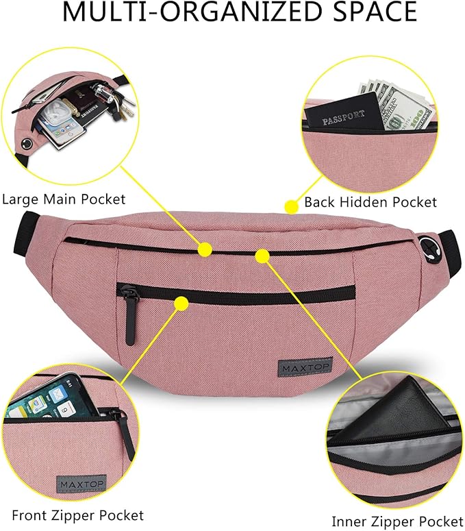 MAXTOP Large Crossbody Fanny Pack with 4-Zipper Pockets,Gifts for Enjoy Sports Festival Workout Traveling Running Casual Hands-Free Wallets Waist Pack Phone Bag Carrying All Phones