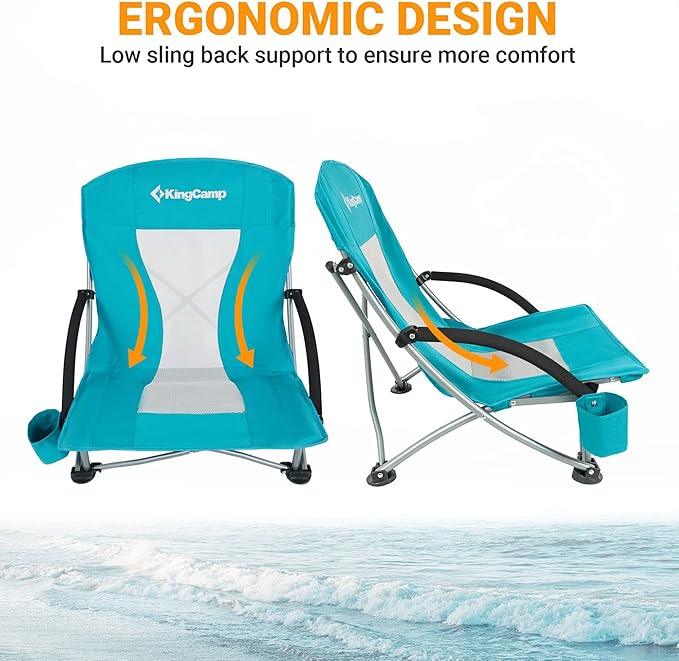 KingCamp Low Beach Chairs, Portable Folding Chair for Adults Extra Wide Ergonomic High Back Seat 300lbs Heavy Duty Lightweight Oversized Gear with Carry Bag for Outdoor Lawn Camping Picnic