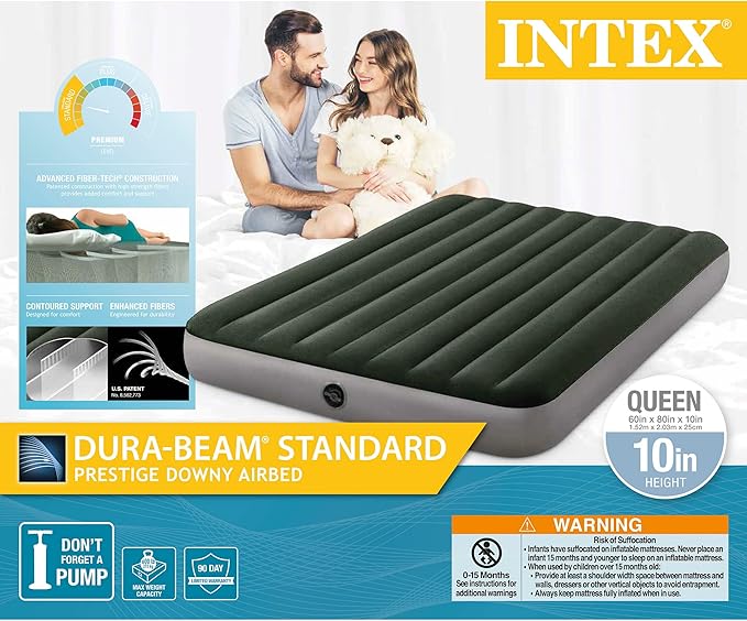 Intex 64109E Dura-Beam Standard Prestige Air Mattress: Fiber-Tech – Queen Size – 10in Bed Height – 600lb Weight Capacity – Pump Sold Separately