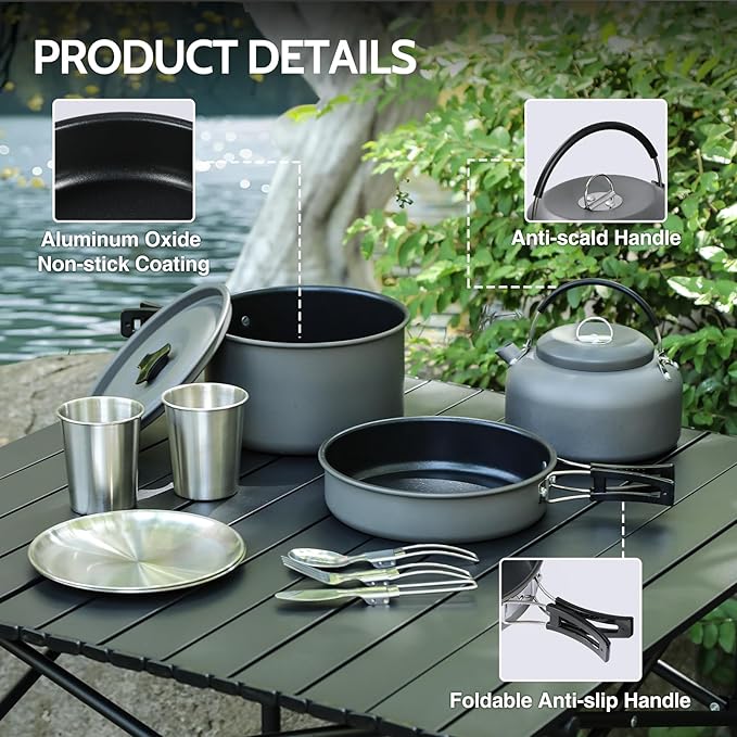 REDCAMP 6/10/11/12/14/15/19 PCS Camping Cookware Mess Kit Camping Gear Campfire Utensils Lightweight Stackable Pot Pan Bowls Soup Spoon with Storage Bag for Camping, Backpacking, Outdoor Cooking