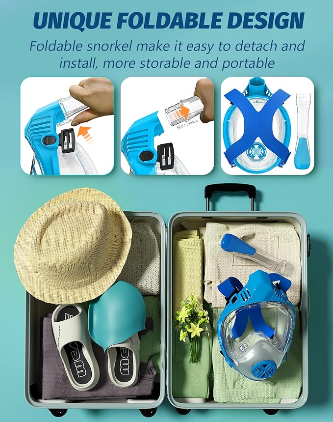 Full Face Snorkel Mask- Snorkeling Gear for Adults with Safe Dry Top Breathing System, Latest Foldable Panoramic View Snorkeling Mask for Men and Women, Anti Fog Anti Leak