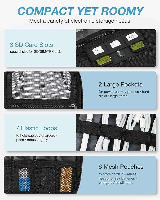 BAGSMART Large Electronics Organizer Travel Case, Travel Cable Organizer Bag for Travel Essentials, Travel Tech Organizer as Travel Accessories, Cord Organizer for Phone, Power Bank SD Card, Blue