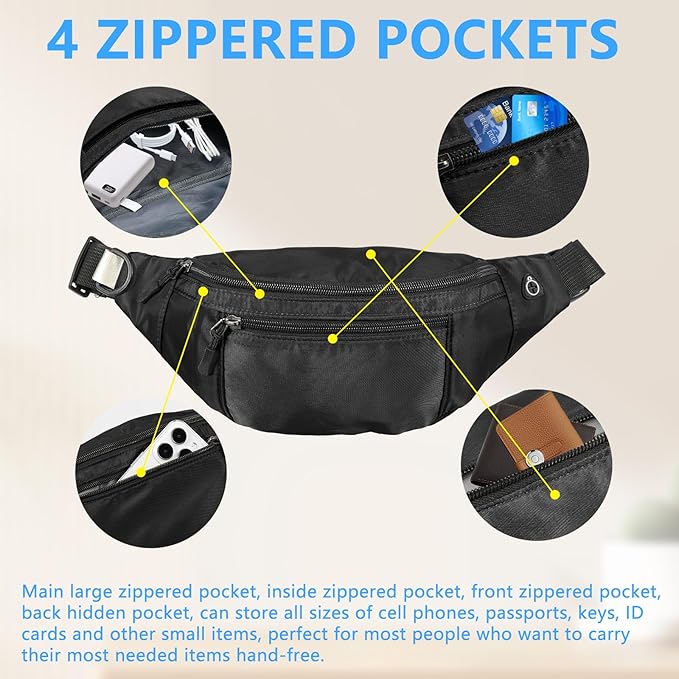 10PCS Crossbody Fanny Pack Bulk,Large Capacity Waist Bag with 4-Zipper Pockets Adjustable Strap Fanny Packs Waterproof Oxford Cloth Travel Belt Bag for Outdoor Shopping Travel Men Women,Black