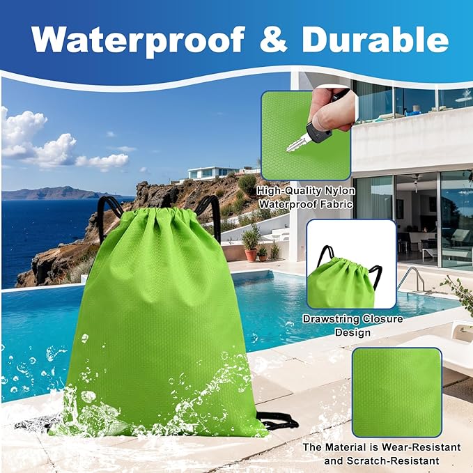 5-Pack Waterproof Drawstring Backpacks, Soccer-Texture Oxford Fabric, 16.9" × 13.8", Lightweight 0.20 lb Each, No Eyelets, Gym & Marathon Gear Sacks(Green)