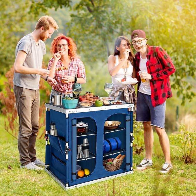 EAGLE PEAK Double Outdoor Folding Camping Table with Large 3-Tier Storage Organizer and Side Pockets, Easy Set Up Portable Aluminum Camping Kitchen, Blue