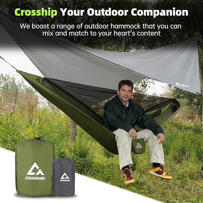 Camping Hammock Mosquito Net with Rain Fly - Rain Fly Tarp & Hammock Bug Net, Portable Parachute Nylon Hammock for Outdoor, Hiking, Backpacking, Backyard, Beach, Travel (Hold Up to 500lbs)