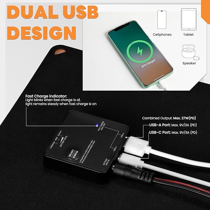 FieryRed 20W 12V Folding Solar Battery Trickle Charger Maintainer, 2-in-1 Portable Solar Trickle Charger with Built-in Charge Controller, Dual USB Fast Charging for Car Truck Boat Automotive Camping