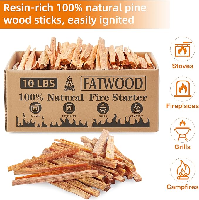 10 lbs Fatwood Fire Starter Sticks, 100% Natural Kindling Firewood Firestarter for Stoves, Pine Wood for Fireplaces, Campfires, Bonfires, Grill