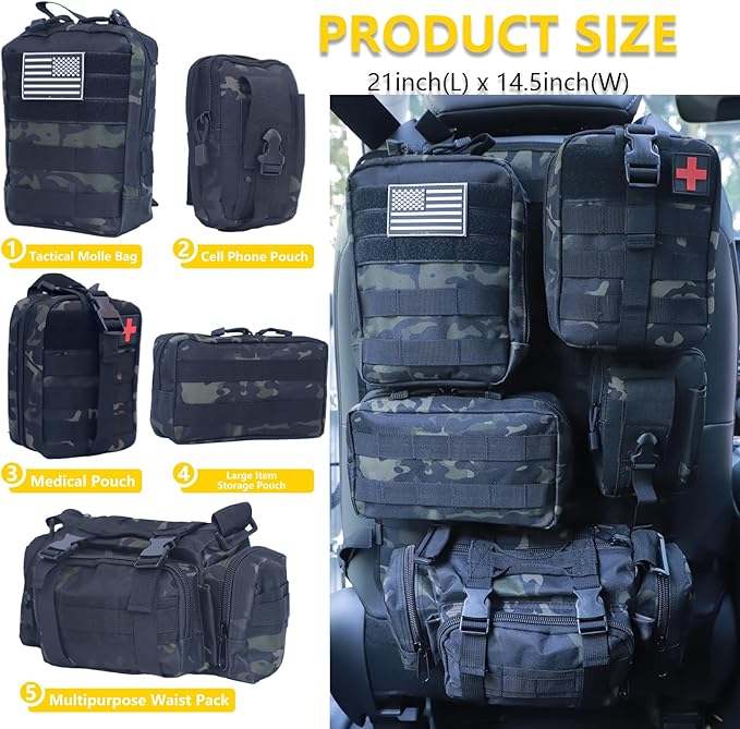 Universal Tactical Car Seat Back Organizer Bag Tactical Molle Vehicle Organizers Panel Vehicle Protector Organizers with 5 Detachable Pouches for Car Truck Ford Jeep (Black camo)