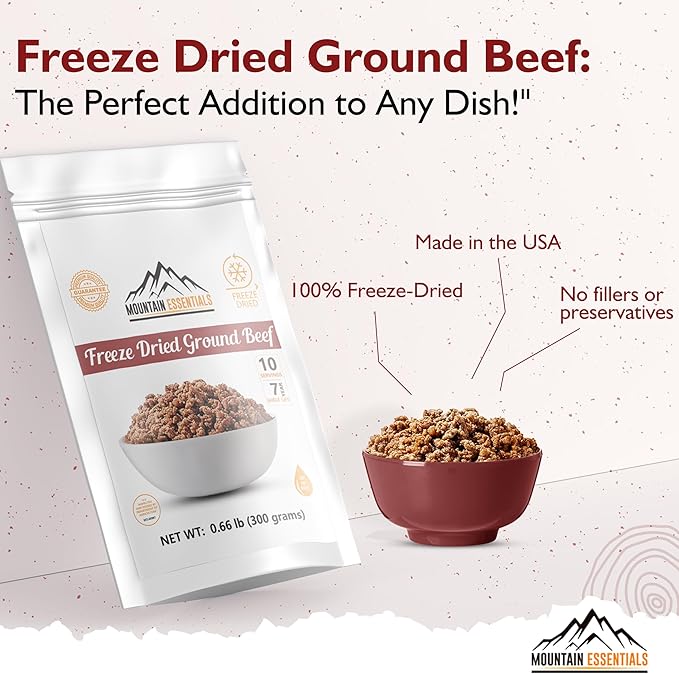 MOUNTAIN ESSENTIALS Freeze-Dried Ground Beef – Pre-Cooked and Ready-to-Eat Hamburger Meat | Everyday Meal Prep, Emergency Food Supply, Camping and Survival Food | 10 Servings per Pouch | Made in USA | 7-Year Shelf Life | Pack of 1