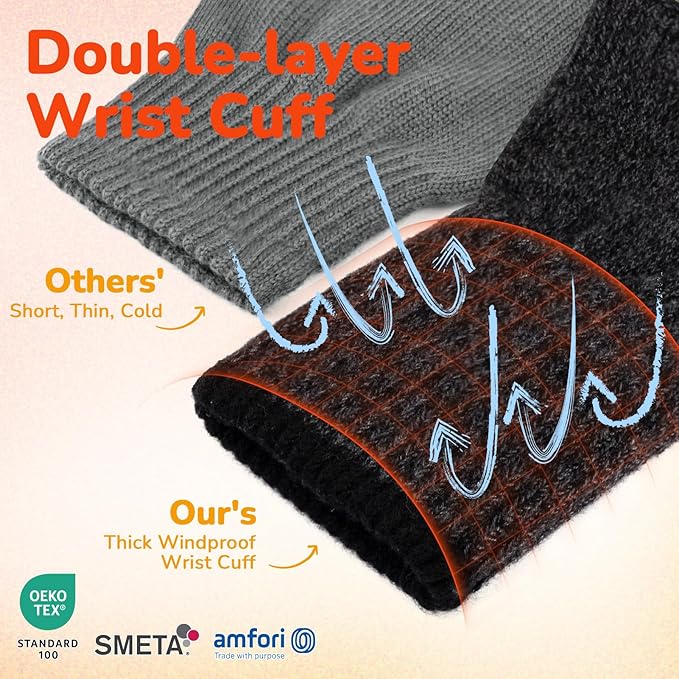 Merino Wool Gloves for Men Women, Touch Screen Warm Glove Liners Thermal Soft Knit Lining for Winter Running Hiking