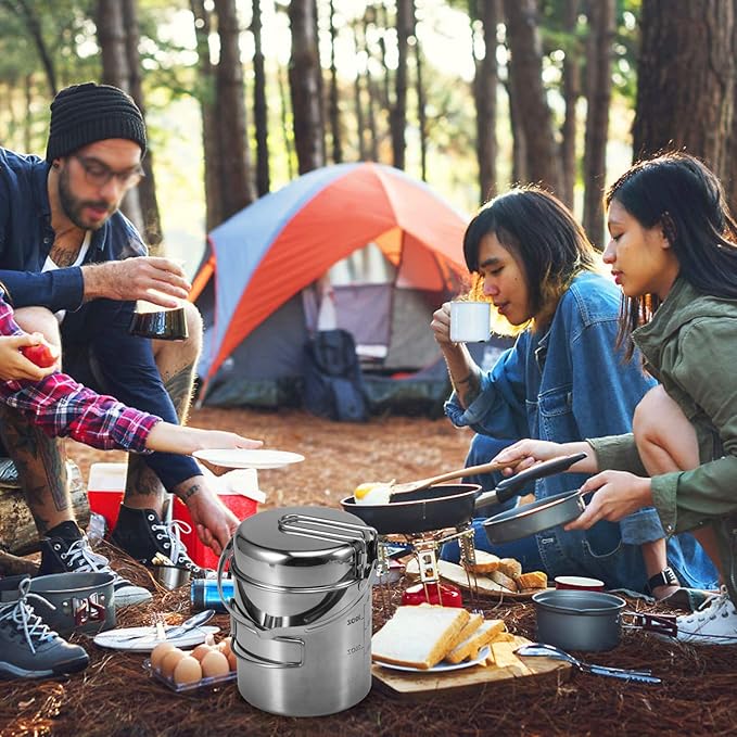 Lixada Camping Cooking Kettle 1L Stainless Steel Pot with Foldable Handle and Dual Use Cover Portable for Hiking Backpacking Picnic