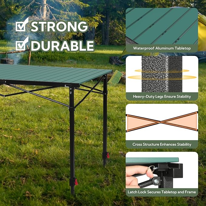 Portable Outdoor Adjustable Height Camping Table, Large for 2-6 Person, Foldable Roll-up Aluminum Camp Table with Carry Bag for Picnic, Camp, Sturdy, Stable, Loads 220 Lbs (Green)