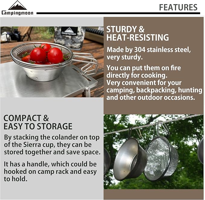 CAMPINGMOON 1pc Stainless Steel Camping Sierra Cup 310ml with 1pc Colander S-220/S-213