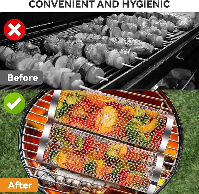 ZORMY 2pcs Rolling Grill Baskets,Grill Veggie Basket,BBQ Baskets for Grilling,Round Stainless Steel Grill Baskets for Outdoor Grill,Camping Basket for Vegetables, Birthday Gifts for Men
