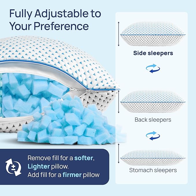 Cooling Shredded Memory Foam Travel & Camping Pillow Large, Adjustable College Dorm Pillow for Home-Like Comfort,Compressible Portable & Medium Firm Neck Support, Ideal Sleeping, Car, Airplane