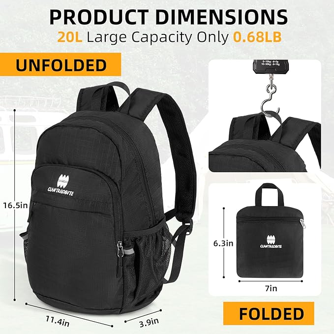 Lightweight Packable Small Hiking Backpack for Women Men - 20L Waterproof Foldable Daypack for Travel, Hiking, and Daily Use, Adjustable Chest Strap, Durable Nylon, Black