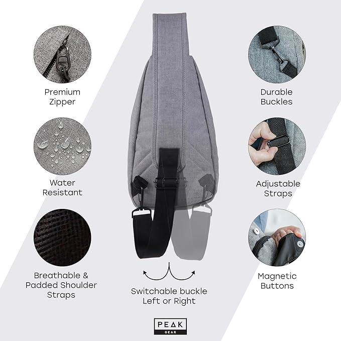 Peak Gear Travel Sling Bag. Compact Crossbody Bag | Lighter and Smaller than a Backpack | Lifetime Lost & Found ID Tag
