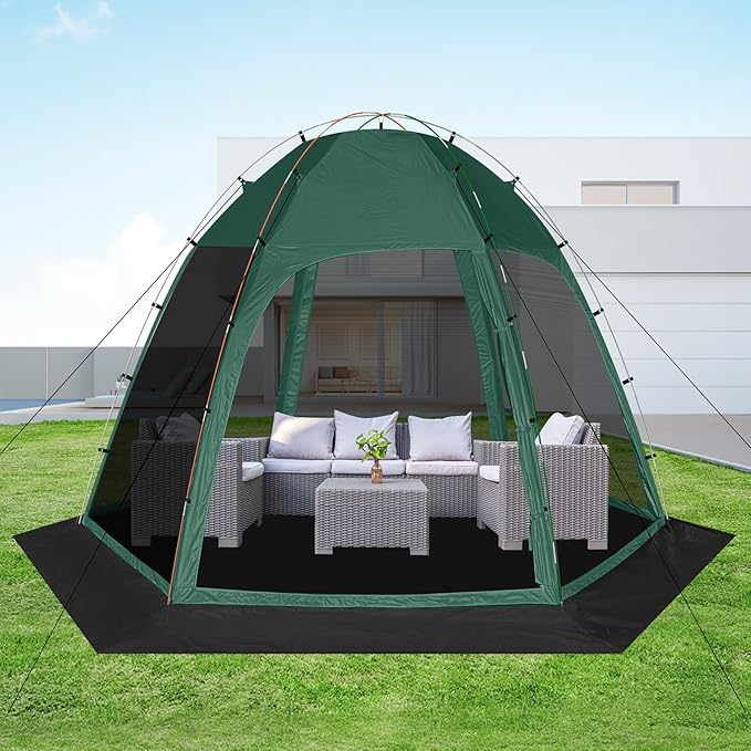 Screen Tent with Removable Floor, Siebwin 10'x10' Six-Sided Gazebos with Mosquito Netting Sunproof Outdoor Canopy Tent for 4-6 People Family Backyard Party Outside Activities, Green