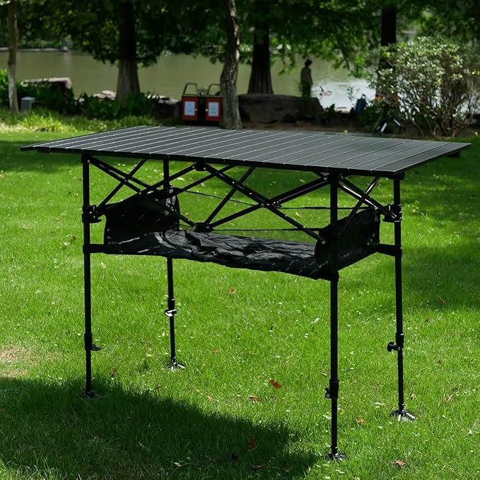 LEADALLWAY Adjustable Height Aluminum Camping Table Folding Portable Outdoor Table with Large Storage Organizer and Carrying Bags Big Foot Upgrade Collapsible Picnic Table 47(L) x22(W)