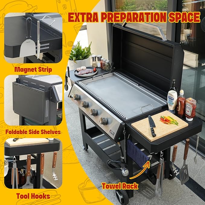 Propane Gas Griddle 4-Burner, Outdoor Gas Stove with 555 sq.in Cooking Area, Foldable Side Tables, Towel Rack, Flat Top Grill Griddle for Patio Barbecue, Backyard, BBQ Party, GS352