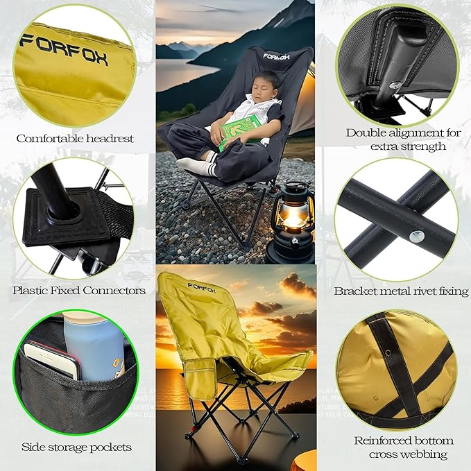 Adjustable Portable Folding Camping Chair with High Back, Side Pockets, Headrest, Lightweight Lawn Chair for Outdoor Camping, Beach, Leisure and Adults (Khaki Single Cloth Thin)
